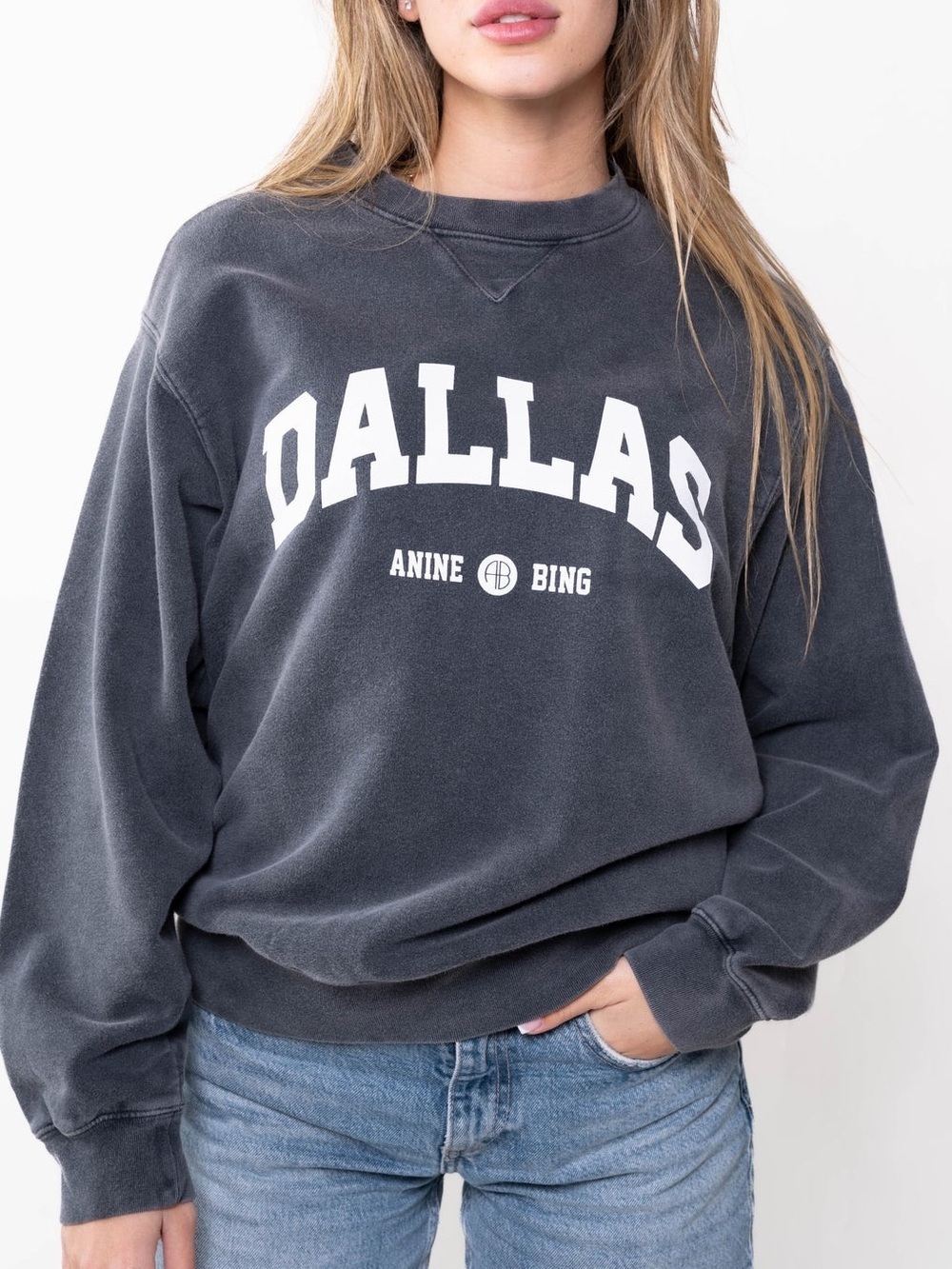 Anine Bing Dallas Ramona Sweatshirt University of Dallas in Washed Black NWT